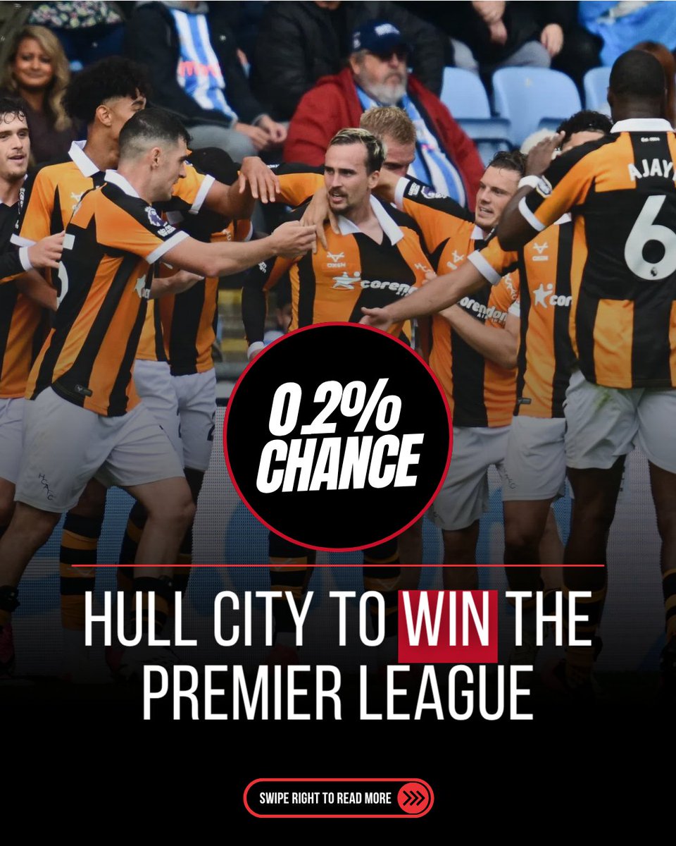 bookmbet's tweet photo. FOOTBALL PROBABILITIES GETTING CRAZY! 🤯📊
The bookmakers' odds are giving us some wild scenarios this season!

Hull City to win the Premier League — 0.2% chance 🐯🏆

Tottenham to get relegated from the EPL — 8% chance ⚪📉

So you're saying there's a chance?! Hull City pulling off a Leicester-style miracle has a 0.2% probability, while Spurs getting dragged into a relegation nightmare sits at 8%!

👇 Which of these wild scenarios is more likely to happen? Drop your thoughts below!