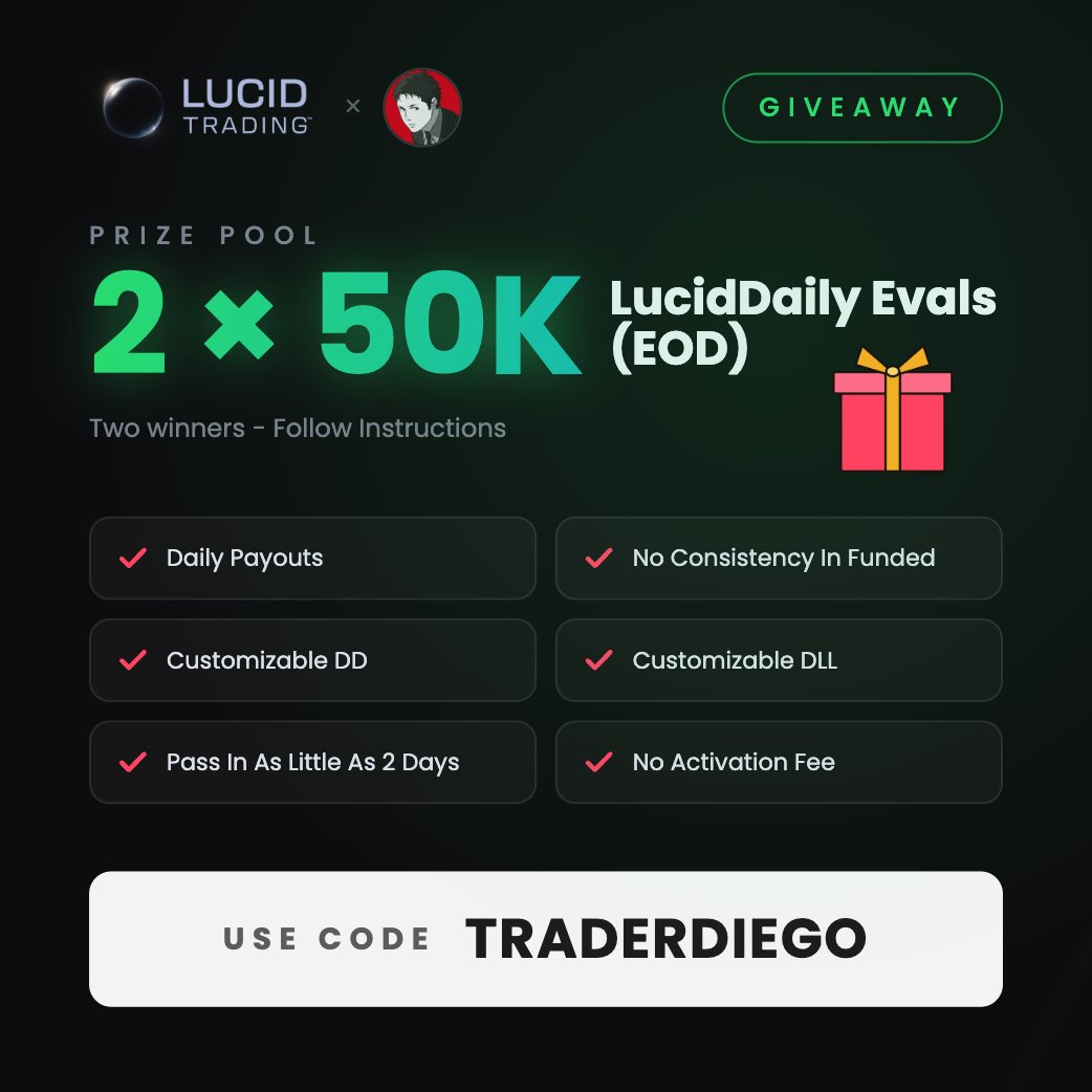 TraderDiegoX's tweet photo. Giveaway Time (again) 🎁

LucidDaily is becoming a favorite so I wanted to double down with other two 50K Evals:

1. Like + Quote
2. Comment your favorite entry timeframe!
3. Register: https://t.co/NgeS6F8FLy

I'll pick the winners on Friday Sep 18. https://t.co/RadpmLJMSe