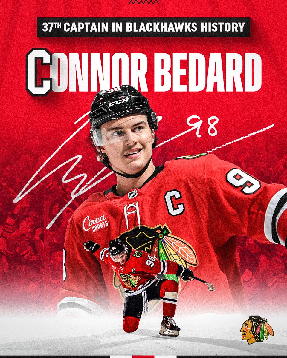 NHLBlackhawks's tweet photo. a new letter on the chest, a new chapter ahead ❤️

introducing the 37th 𝐂𝐚𝐩𝐭𝐚𝐢𝐧 of the Chicago Blackhawks, 𝐂onnor Bedard! https://t.co/Lg4U1McJDa