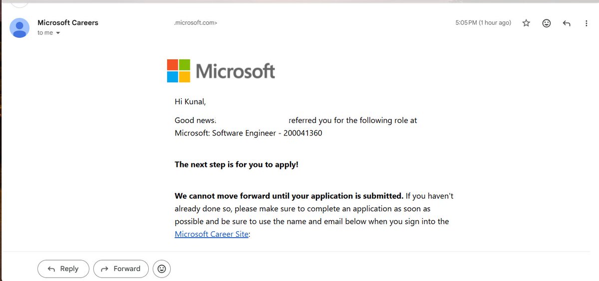 KunalChandra777's tweet photo. Got referred to Microsoft by someone I don’t even know who came across my profile. 😭

No idea how, but genuinely grateful for it. Applying with a referral this time… let’s see if we can turn this into an interview hehe 🤞💙🧿 https://t.co/cOqHT8CwLl