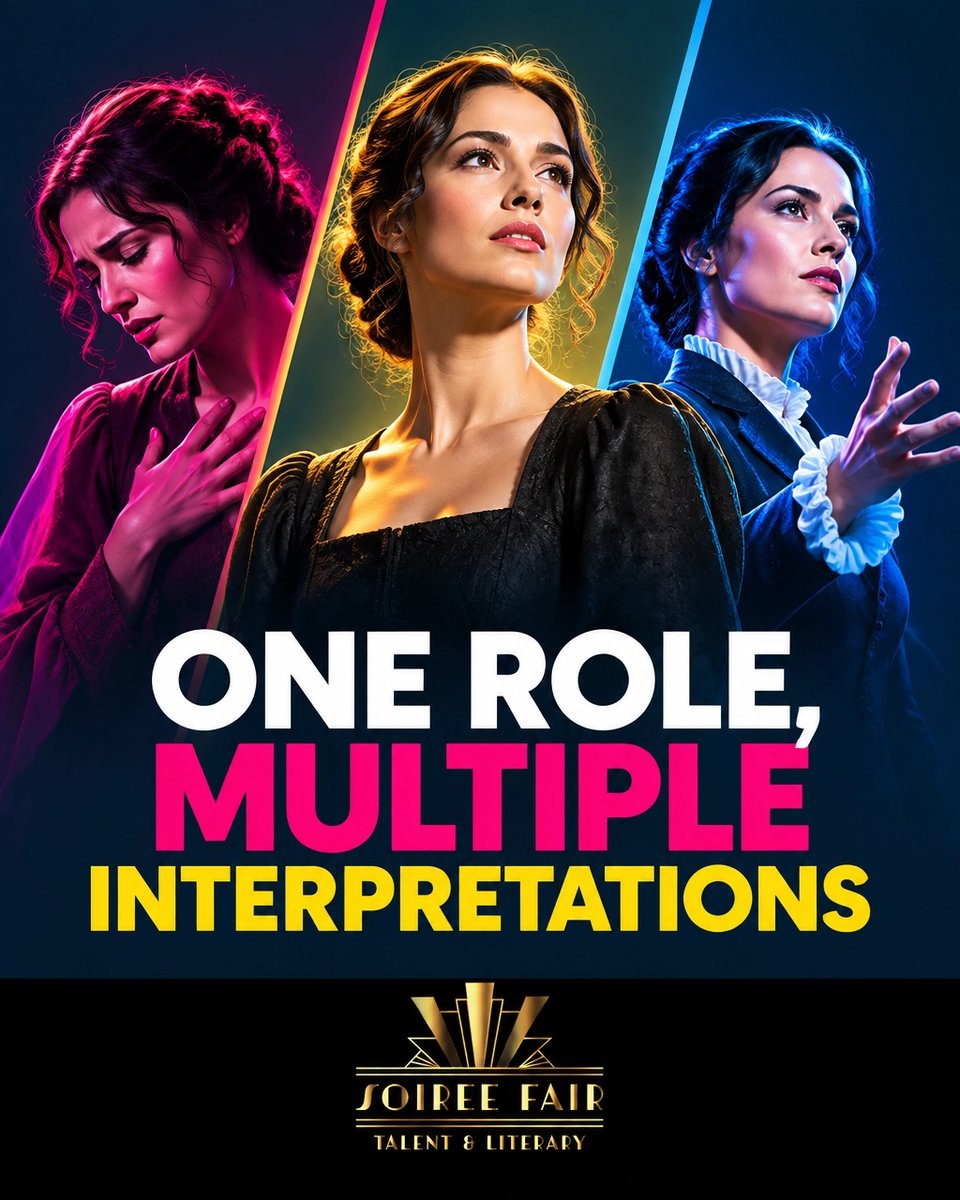 SoireeFair's tweet photo. One role. Multiple interpretations. A performer’s distinct physical, emotional, and psychological vocabulary reveals new dimensions. How do alternate perspectives deepen a character? #SoireeFairTalent&amp;Literary https://t.co/sPz8TCmXUL