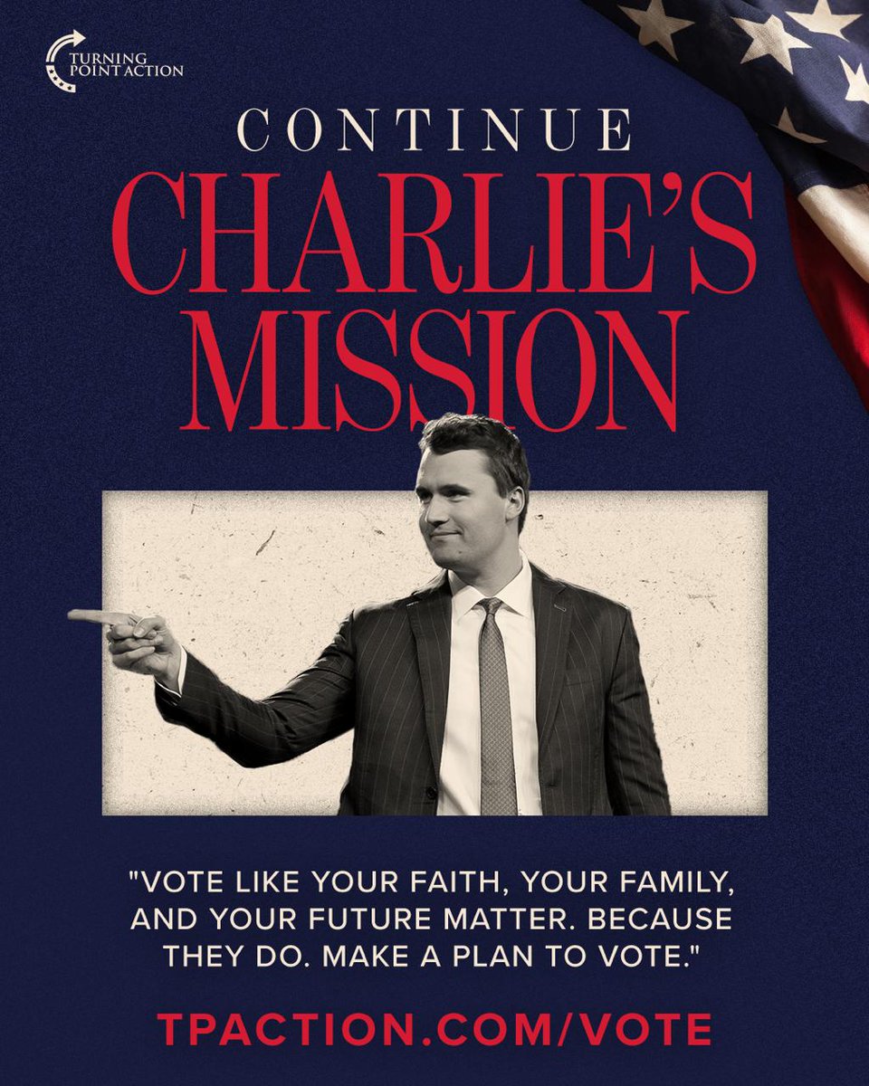 TPAction's tweet photo. Charlie understood that freedom requires people willing to stand up and speak truth, even when the world turns against them. He lived with courage, conviction, and a deep love for the greatest nation on earth. 

Today, we carry that spirit forward. Register to vote. Register at least one person you know. And never take the freedom to make your voice heard for granted.

Link in bio to register to vote.