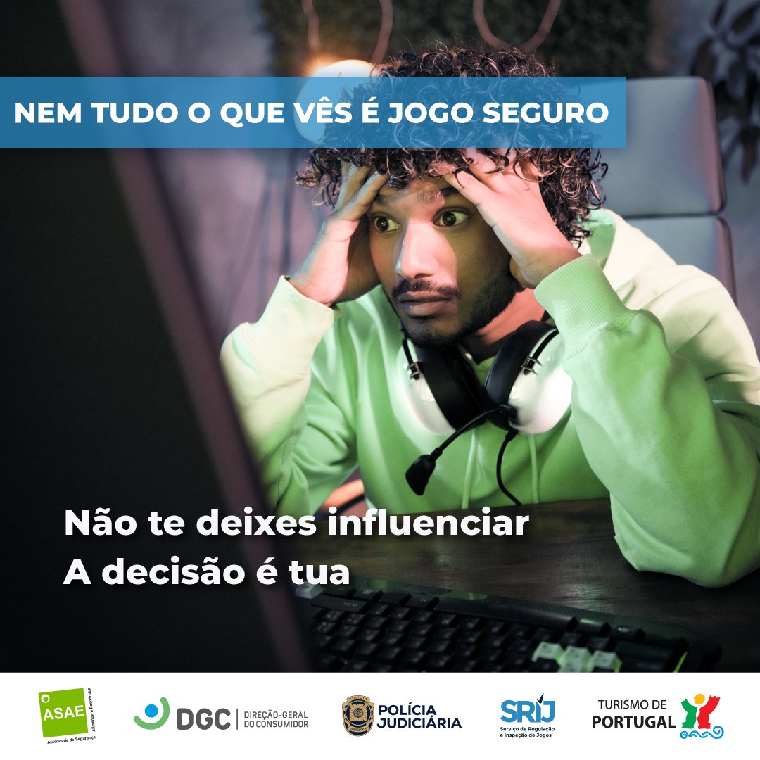 DGConsumComServ's tweet photo. ⚠️ Campanha “Nem tudo o que vês é jogo seguro”
Nas redes sociais, nem tudo o que parece real é de confiança.
💡 A informação faz a diferença.
✅Decide de forma consciente.
#Campanha #NemTudoOQueVês #JogoSeguro #JogoIlegal #DGC #ASAE #SRIJ #PJ https://t.co/JpHLsdyKLT