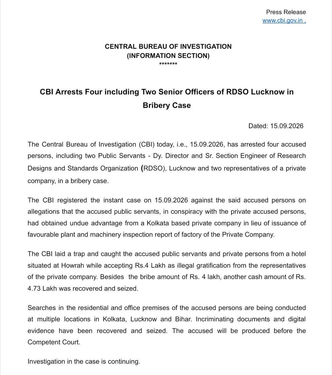 CBIHeadquarters's tweet photo. CBI Arrests Four including Two Senior Officers of RDSO Lucknow in Bribery Case https://t.co/UOCHCYOEaU