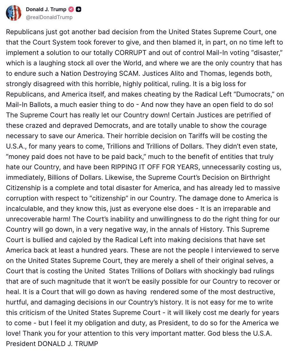 johnnymaga's tweet photo. Trump with a scathing rebuke of the Supreme Court after his mail-in voting restrictions were blocked last night:

“These are not the people I interviewed to serve on the United States Supreme Court, they are merely a shell of their original selves... It is a Court that will go down as having rendered some of the most destructive, hurtful, and damaging decisions in our Country’s history.”
