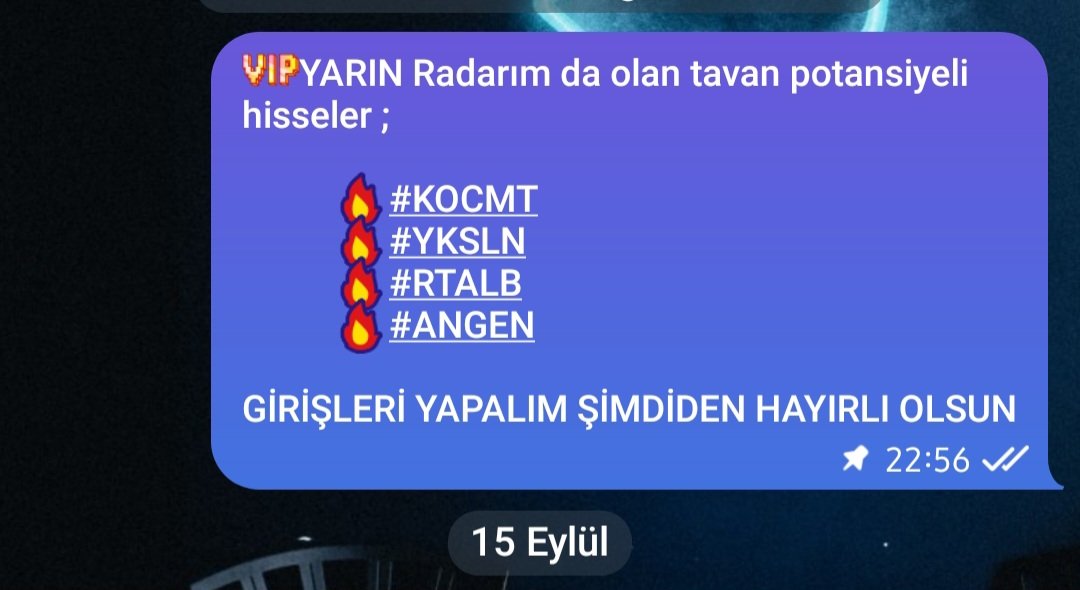 duygu_arslan777's tweet photo. 🎯 Radar verdik, 4’te 4 alındı!

💠 #KOCMT +%6.02     🚀Tavan
💠 #YKSLN +%9.96       🚀Tavan
💠 #RTALB +%4.53       🚀Tavan
💠 #ANGEN +%6.43     🚀Tavan
 
Takipte kalan kazandı, sıradaki fırsatlar yolda…

📩 Katılmak için profilden linke tıkla.
https://t.co/4tXkoOZORx https://t.co/P8KQs8CZfw