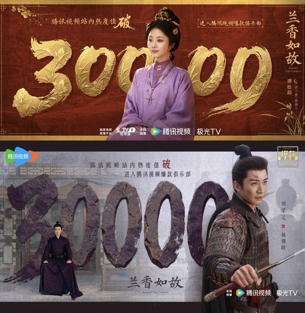 ForCdrama's tweet photo. Drama #AgainstTheCurrent starring #LiuXueyi #TanSongyun (sorted by surname stroke count) breaks 30000 heat index on Tencent Video. https://t.co/mJherkk385