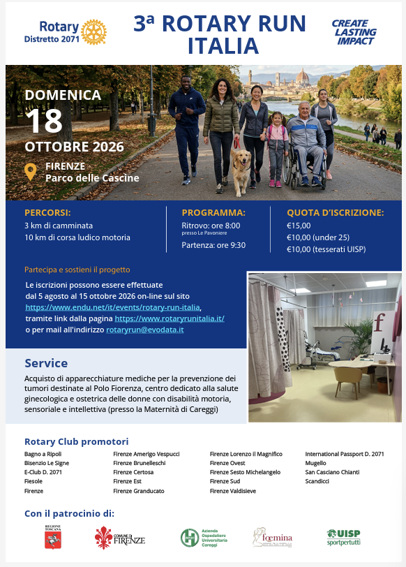 2071rotary's tweet photo. I Club dell’area Fiorentina organizzano la 3ª edizione della Rotary Run Italia che nelle precedenti edizioni ha avuto successo grazie alla partecipazione di tanti rotariani e sostenitori. Domenica 18 ottobre 2026 ritrovo ore 8,00 – partenza ore 9.30. Info https://t.co/zOdumVHYME https://t.co/NxLiAQA10I