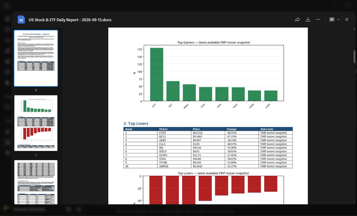 VinnChrs's tweet photo. Integrasi API Financial Modelling Perp buat ambil data tentang Saham di US and it works well, aku suruh AI generate otomatis setiap jam 8 pagi dan buatkan word nya. Ini kalau banyak token tinggal update ke pro aja itu AI buat riset kaya gini bagus https://t.co/xdl7L3kiAG