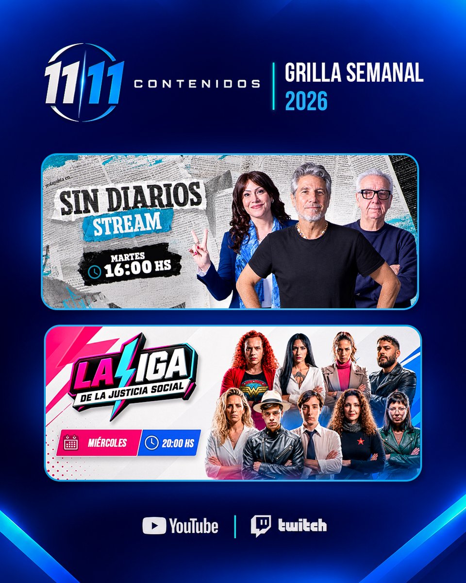 1111_Contenidos's tweet photo. 🔥 ¡HOY ARRANCA 1111 CONTENIDOS!

Se prende la pantalla y empieza la programación. 
🎙️ Martes: Sin Diarios Stream — 16 h
⚡ Miércoles: La Liga de la Justicia Social — 20 h

📲 Miranos en vivo por YouTube: https://t.co/9ApzcAlRhn

Suscribite, seguinos y sumate a 1111. 🚀 https://t.co/SY0CBhUvge