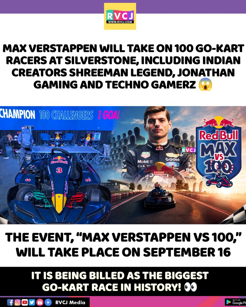 RVCJ_Sports's tweet photo. Max Verstappen vs 100 challengers! 🏎️🔥 Four-time F1 World Champion Max is set to take on 100 go-kart racers at Silverstone, with Indian creators Shreeman Legend, Jonathan Gaming and Techno Gamerz among the challengers. 🇮🇳

#MaxVerstappen #RedBull #Karting #F1 #IndianCreators https://t.co/4vyl9yrGLW