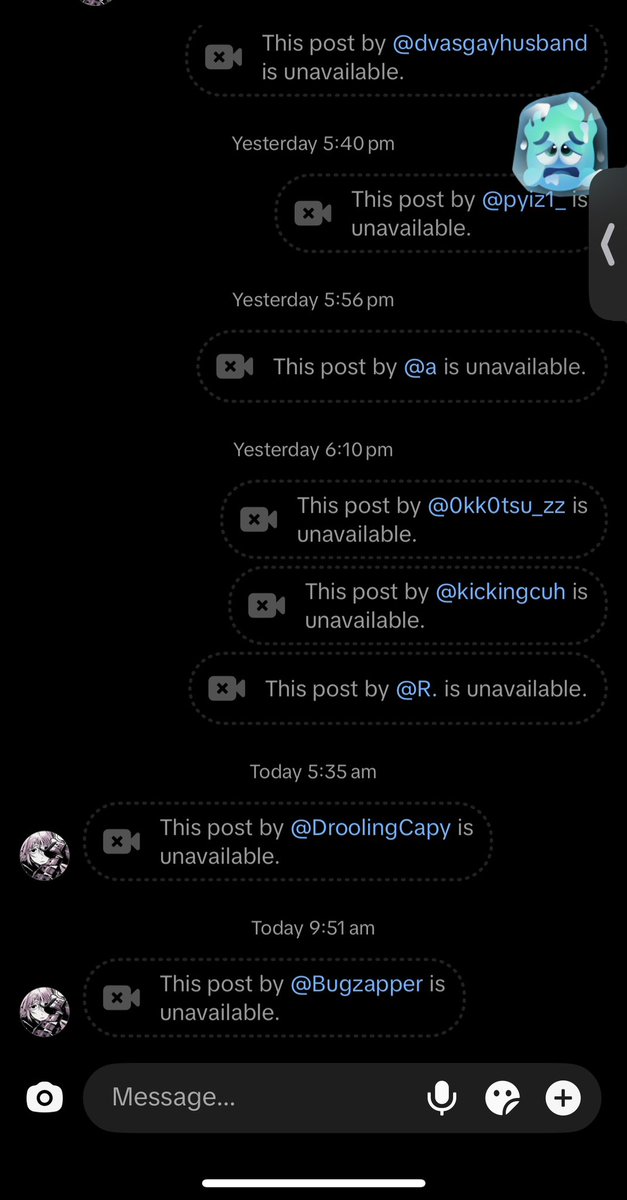 urokage's tweet photo. opened my bfs tiktok dms to an absolute massacre oh my god 😭😭😭 https://t.co/9Mn3kdR2Nq