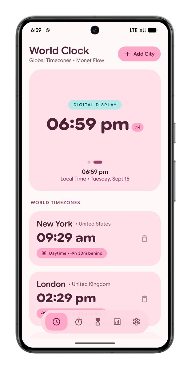 pixeluibygoogle's tweet photo. The all-new Pixel Clock Suite by @JustForPixel is officially here! Built with pure Material You aesthetics, dynamic Monet palette theming, custom focus timers, and a sleek world clock with Live Activity support.

​Clean. Minimal. 100% ad-free.

Link here: https://t.co/DsnVtWDBOz https://t.co/Ng6NXQHsuS