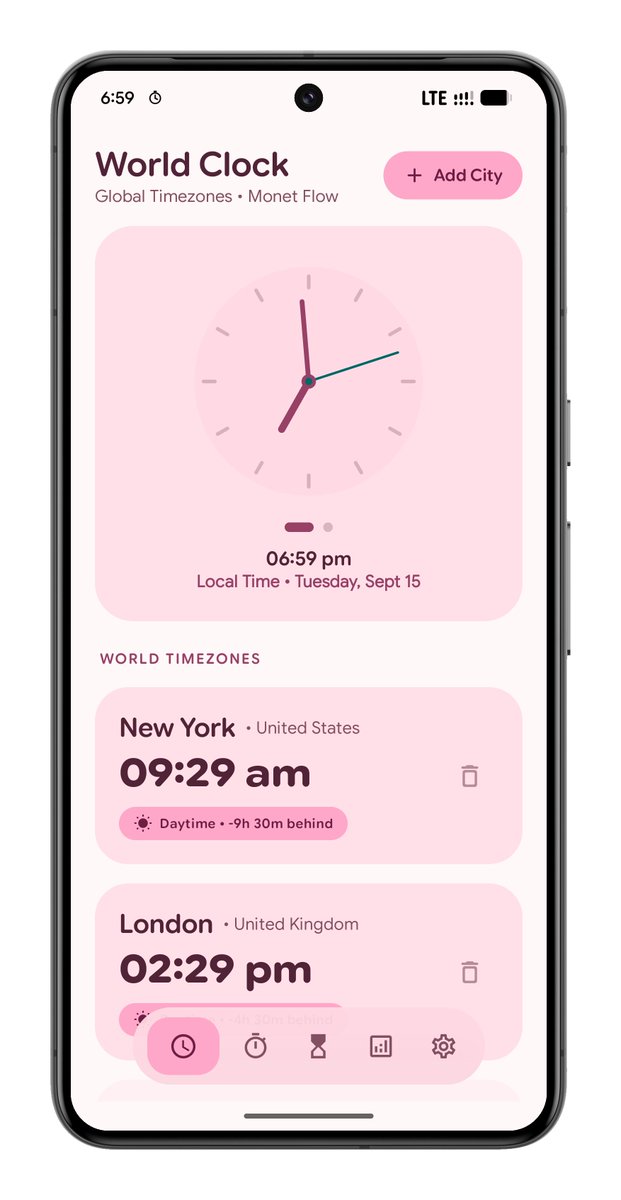 pixeluibygoogle's tweet photo. The all-new Pixel Clock Suite by @JustForPixel is officially here! Built with pure Material You aesthetics, dynamic Monet palette theming, custom focus timers, and a sleek world clock with Live Activity support.

​Clean. Minimal. 100% ad-free.

Link here: https://t.co/DsnVtWDBOz https://t.co/Ng6NXQHsuS