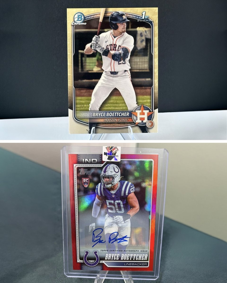 Topps's tweet photo. CRAZY STORY: Colts LB Bryce Boettcher has official football cards in 2026 Topps Flagship Football, but also had BASEBALL CARDS in 2025 Bowman Chrome 🤯

Boettcher was a two-sport athlete at Oregon before getting selected by the Houston Astros in the 13th round of the 2024 MLB Draft. 

He returned to school to keep pursuing football, and was eventually selected by the Colts in the 4th round of the 2026 NFL Draft. 

Boettcher made an immediate impact for the Colts with 7 tackles in Week 1. His NFL Debut patch will soon be placed into a 1-of-1 autographed trading card 🔥
