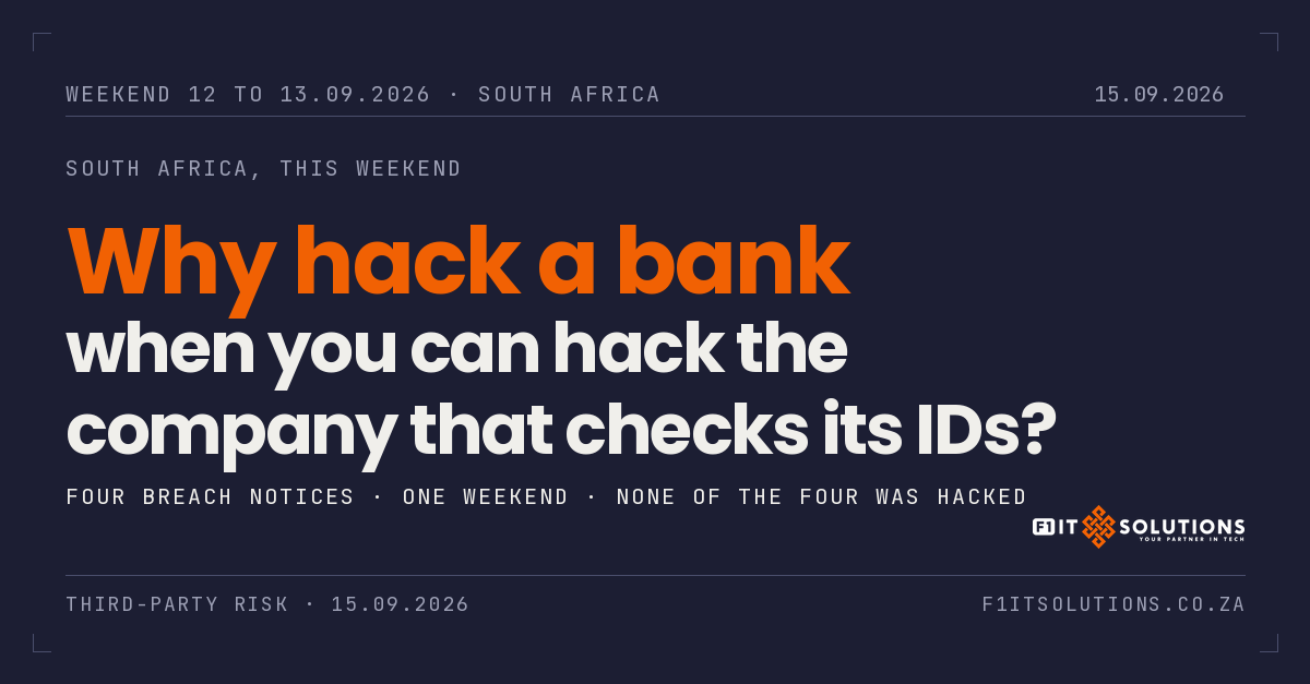 F1ITSolutions's tweet photo. Why hack a bank when you can hack the company that checks its customers' IDs?

South Africa found out this weekend. Bidvest Bank, EasyEquities, Peregrine Capital and Cell C all wrote to customers. None of the four was hacked. Their suppliers were 🧵 https://t.co/21ufcOEpqw