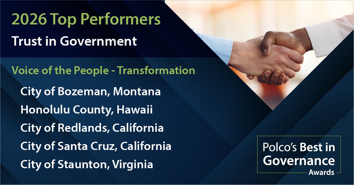polco_us's tweet photo. #Polco is proud to honor the 10 #LocalGov most trusted by their residents.

These 2026 Top Performers in our #BestinGovernanceAwards – #TrustInGovernment category lead the way in transparency, fairness &amp; performance. 👏

🔗 https://t.co/3lJjrYm5CK https://t.co/uL1G1ASL2F