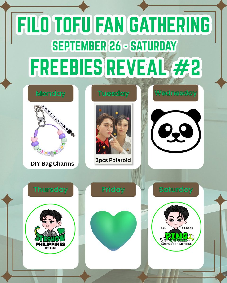 TeshowPH's tweet photo. 💚✨ FILO TOFUS, DAY 3 IS HERE! 👀🎁

Another FREEBIE is ready for you! 🥹💚

🎁 FREEBIE #2: TESHOWPING POLAROID 🎁

More surprises, more love, more kilig! 🤭✨

And yes… WE’RE STILL NOT DONE! 👀

See you Sept. 26, Ka-Tofus! 💚🫶🏻

#TeshowPing https://t.co/U4jHqxeFc4