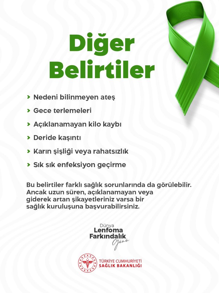 saglikbakanligi's tweet photo. Bu belirtiler farklı sağlık sorunlarında da görülebilir. Ancak uzun süren, açıklanamayan veya giderek artan şikâyetleriniz varsa bir sağlık kuruluşuna başvurabilirsiniz.

#DünyaLenfomaFarkındalıkGünü https://t.co/2ncaMvJikN