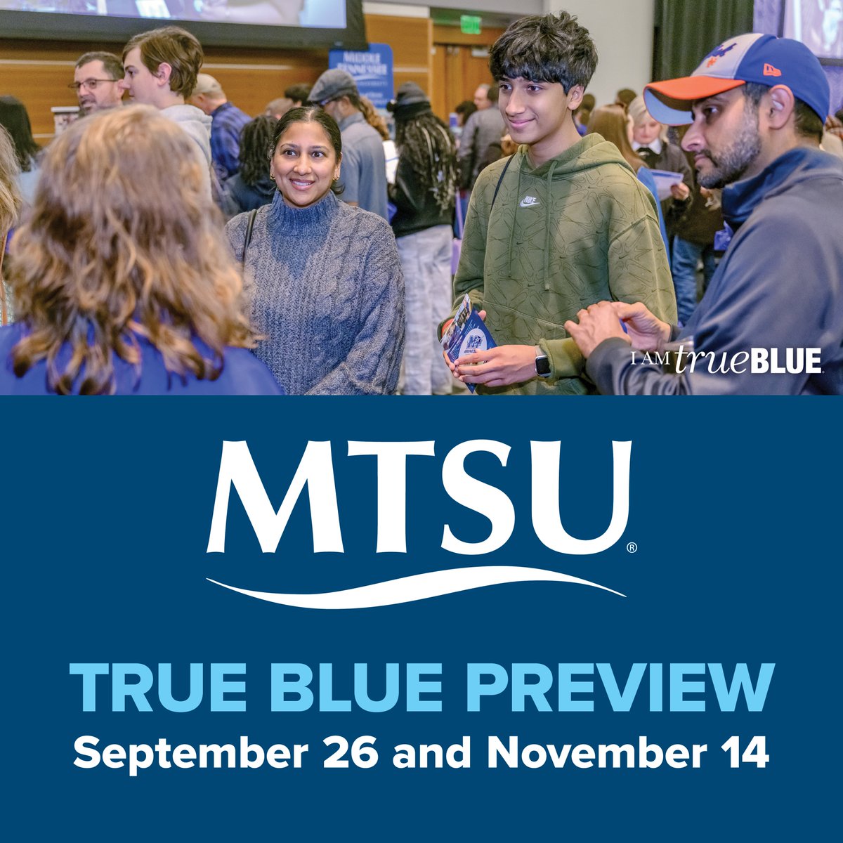 MTSU's tweet photo. Join us for one of our True Blue Preview Days, when we roll out the blue carpet for this premier campus visit experience! RSVP: https://t.co/WMBmK5ScuC    

⚡️ Sept. 26 
⚡️ Nov. 14  

We can’t wait to meet you! 💙   

#MTSU #trueBLUE #findYOURblue https://t.co/IAgzjlOknT