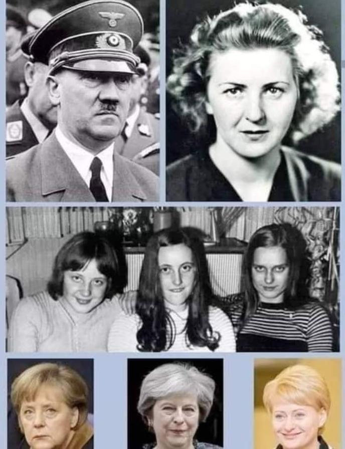 Star_Pleiade's tweet photo. Un peu d'histoire bien enfouie au fond des placards.  💥

Le renseignement Russe a fourni la preuve que non seulement la Chancelière Allemande Angela Merkel, mais également le Premier Ministre Britannique Theresa May et la Présidente Lituanienne Dalia Grybauskaite sont « toutes trois des filles biologiques de Hitler Rothschild et des Kasner », Salomon Rothschild était l’amant d’Anna Maria Schicklgruber, leur fils Aloïs Rothschild épousa Klara Pölzl Hitler qui donna naissance aux bébés à Braunau-sur-Inn d’où est également originaire le Pape Benoît XVI qui fait partie de la même lignée familiale », selon les sources. Comme preuve, elles ont fourni cette photographie représentant les trois femmes à l’époque de leur formation de dirigeantes à l’institut de contrôle mental Tavistock.  

Nous n'avons pas gagné la Seconde Guerre mondiale. Nous l'avons perdue à cause des nazis. Ils se sont retirés pour se regrouper et s'infiltrer autour du monde. Hitler n'est pas mort dans un bunker en 1944, c'était son majordome qui était aussi son double. Il s'est enfui en Argentine avec d'autres membres de la famille SS, où il est mort dans un accident de voiture en 1957, Eva Braun avait une fille, Ann, née en 1942. Eva et Adolf avaient 3 autres filles qui ont été emmenées en Allemagne pour grandir dans la mère patrie, elles s'appellent Angela, Theresa et Dalia. 
Le FBI a dissimulé la survie d'Adolf Hitler : D'autres nazis se sont enfuis en Antarctique où ils avaient une base sous la glace. Les nazis avaient des objets volants ( on les appellerait les OVNI ) qui pouvaient voler de pôle à pôle en moins de 30 minutes. Beaucoup de scientifiques, des nazis ont été amenés emmenés en Amérique avec de faux noms et embauchés par le gouvernement pour fournir leurs connaissances technologiques. 
Les États-Unis pensaient qu'il valait mieux qu'ils les aient que les Russes. 

Cela s'appelait l'Opération Paperclip.

Après la mort d'Hitler en Argentine en 1957, Eva Braun a changé son nom en Madelyn Lee Payne, a pris sa fille Ann et a déménagé aux États-Unis. Elle a épousé Stanley Dunham et son nom a été changé en Madelyn Dunham. Ann est devenue Stanley Ann Dunham. Ann avait 19 ans quand elle est tombée enceinte d'un citoyen Kenyan nommé Barack Obama. Elle a déménagé au Kenya.  
Avec le temps, elle a réalisé que l'homme qu'elle épousait était déjà marié et elle revint en Amérique avec son fils. Peu de temps après son retour en Amérique, elle a épousé Lolo Soetoro et a eu un deuxième enfant, la fille Maya. Hitler était un Rothschild. Sa mère était Klara Polzi, qui était une servante dans la maison autrichienne de Salomon Meyer Rothschild, où elle est tombée enceinte de lui. Elle est retournée en Allemagne pour donner naissance à Adolf et s'est mariée plus tard à Alois Schicklgruber, qui a ensuite changé son nom en Hitler. Les lignées sont très importantes pour les Illuminati et ils ont de nombreux enfants et des enfants illégitimes pour répandre au maximum leurs lignées.
Considérons Barry Soetoro. Si vous m'avez suivi jusqu'à présent, votre appétit devrait être aiguisé. Barry Soetoro = Barack Obama II = Petit-fils du Hitler = Rothschild par le sang. Cela pourrait expliquer pourquoi sa tante Angela Merkel, chancelière d'Allemagne, l'a embrassé et l'a regardé avec amour lors d'une visite là-bas.  
Ces deux autres tantes sont Theresa May, ancien premier ministre du Royaume-Uni et Dalia Grybauskaite, président de la Lituanie. 
Le plan d'Hitler pour un 3ème Reich s'est transformé en 4ème empire aujourd'hui et sa progéniture a été placée dans des pays stratégiques pour faire avancer l'ordre mondial des Illuminati.  

NWO = Nazi et c'est ce que Trump empêche !   💥

#Nazi   #NouvelOrdreMondial   #Paperclip