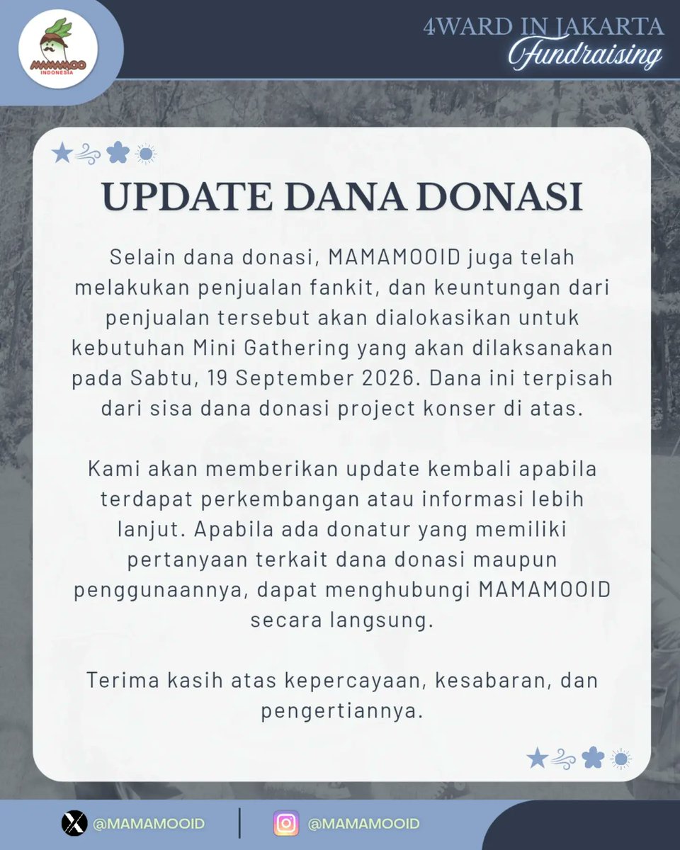mamamooID's tweet photo. Update terkait fundraising konser 4WARD in Jakarta! Untuk sementara waktu, kami akan menunggu informasi lebih lanjut dari promotor.
Bagi para donatur yang ingin bertanya terkait fundraising, bisa kontak kami melalui DM (Instagram)!

#MamamooID_Project #Mamamoo #마마무 https://t.co/N2BApSErkh