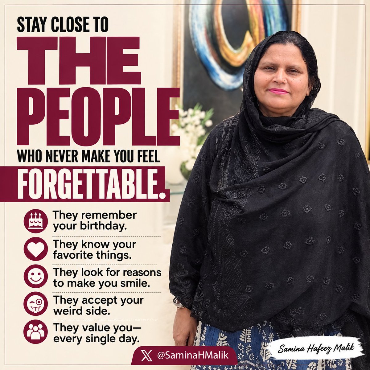 SaminaHMalik's tweet photo. ان لوگوں کے ساتھ رہیں جو آپ کو کبھی نظرانداز یا غیر اہم محسوس نہ ہونے دیں۔ ❤

Stay close to the people who never make you feel forgettable! https://t.co/6Ki8F1eBD0