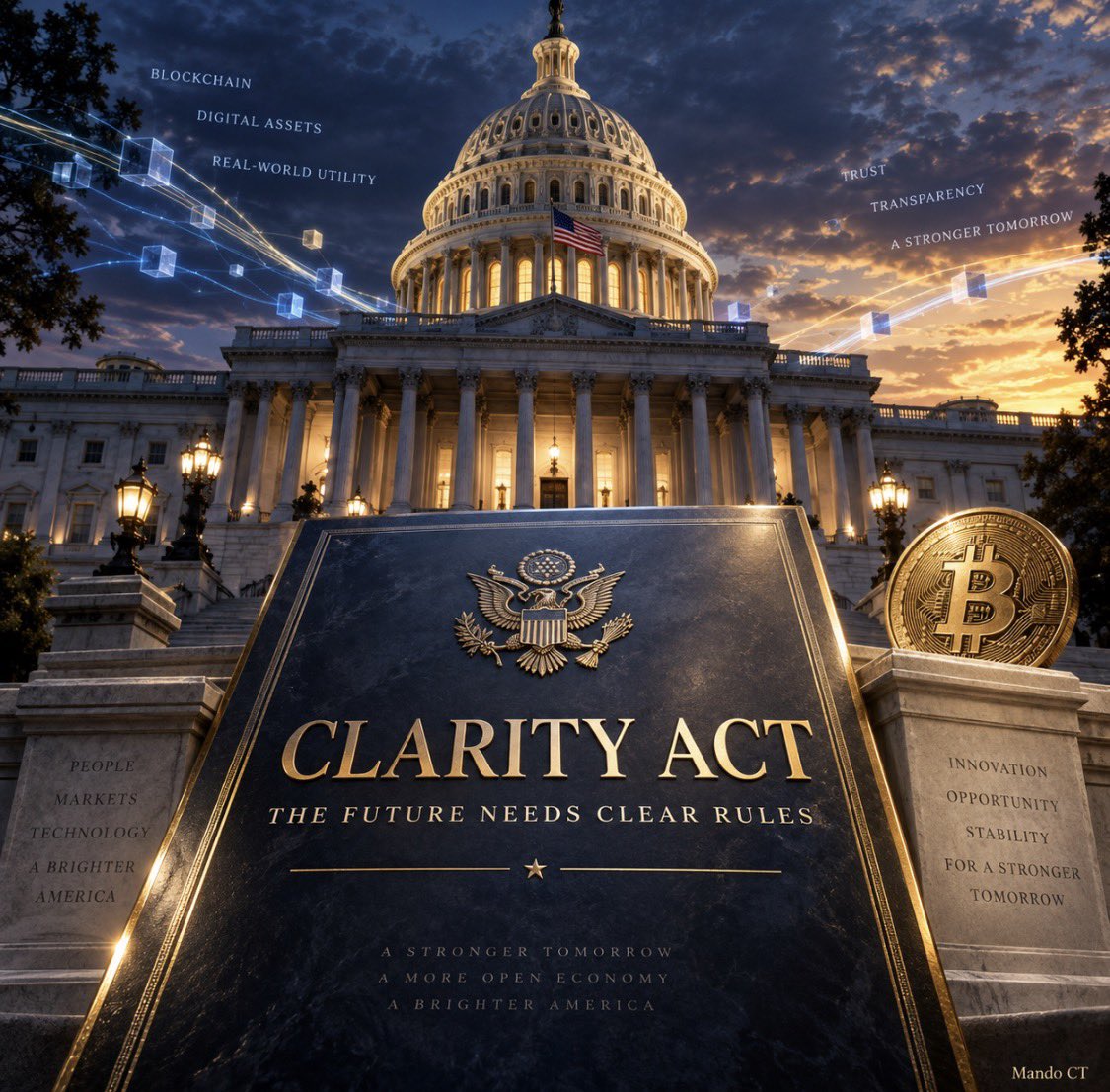 MandoCT's tweet photo. The CLARITY Act is bigger than today’s price action.

Around 90% of crypto trading volume currently happens offshore. That should tell America everything it needs to know.

Innovation does not disappear when governments fail to provide clear rules. It simply moves somewhere else, taking talent, capital and jobs with it.

Crypto needs strong consumer protection, but it also needs a transparent framework that allows serious builders and institutions to operate with confidence.

The Senate needs 60 votes to move this forward.

Pass the CLARITY Act and give this industry the certainty it deserves. This could be one of the most important weeks in crypto’s history.