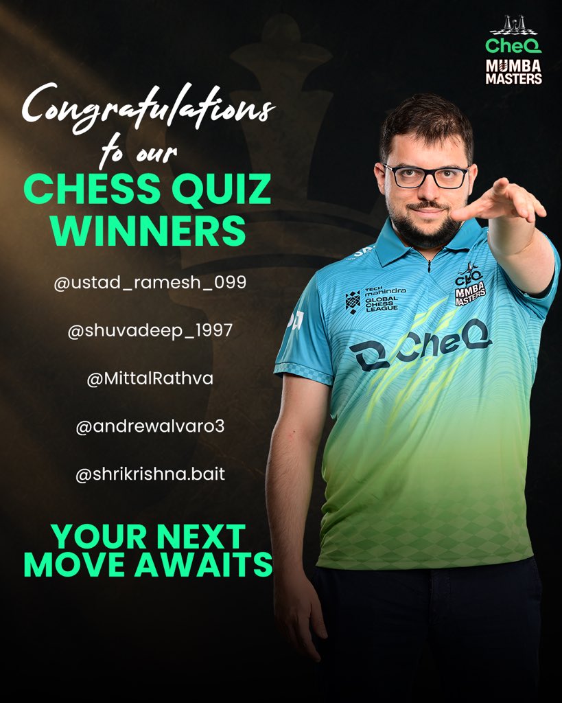 umumba's tweet photo. πππ ππππ πππ πππππ ππππ. βοΈ
Congratulations to our chess enthusiasts who aced the quiz and won a CheQ Mumba Masters Signed Jersey. π§‘
Your next move awaits.
#CheQMumbaMasters | #TechMGCL
@RonnieScrewvala @suhailchandhok https://t.co/kIBFGaENTf