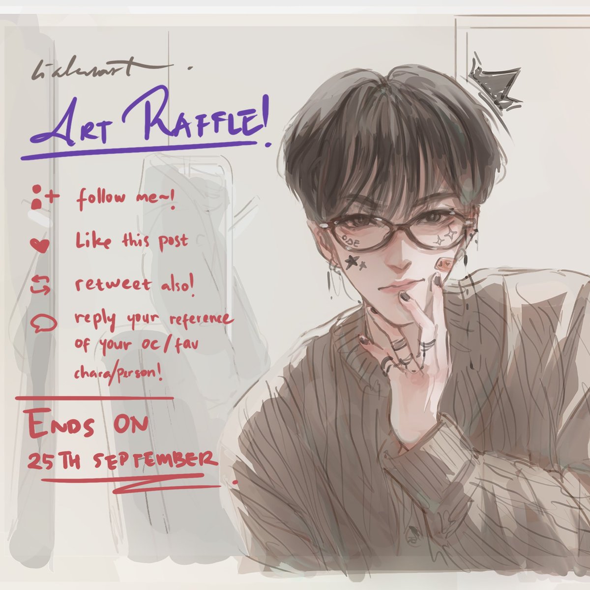 liakuart's tweet photo. ᨳଓ liakuart's art raffle~✨ 

how to join: 
> follow .✦ ݁˖ 
> like 𖹭 
> retweet (not Qrt)˚. ᵎᵎ
> drop your character on reply—anime, kpop, OC, etc

[1 winner gets a half body illustration<3]

ends on 25th September ||

good luck~𖹭.ᐟ^ ^
#ArtistOnTwitter https://t.co/6GpdgRpOck