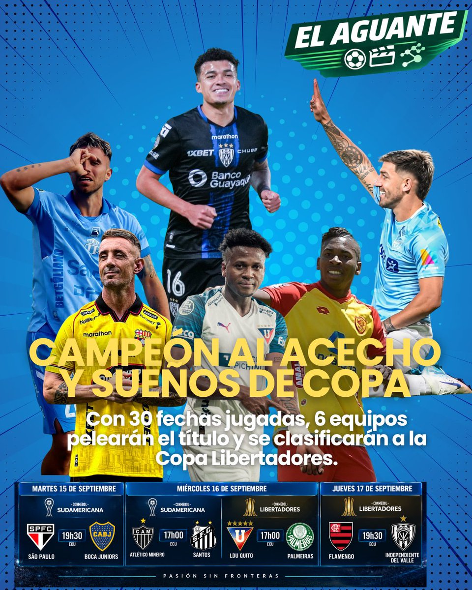 ElAguantec's tweet photo. 🏆⚽ **CAMPEÓN AL ACECHO Y SUEÑOS DE COPA**

Terminó la primera fase de la LigaPro: seis equipos van por el título. 🔥

🌎 Y la semana copera se enciende con Libertadores y Sudamericana. **LDU e IDV llevan la bandera ecuatoriana.** 🇪🇨

#ElAguante #LigaPro #Libertadores https://t.co/FIdfa3kCfF