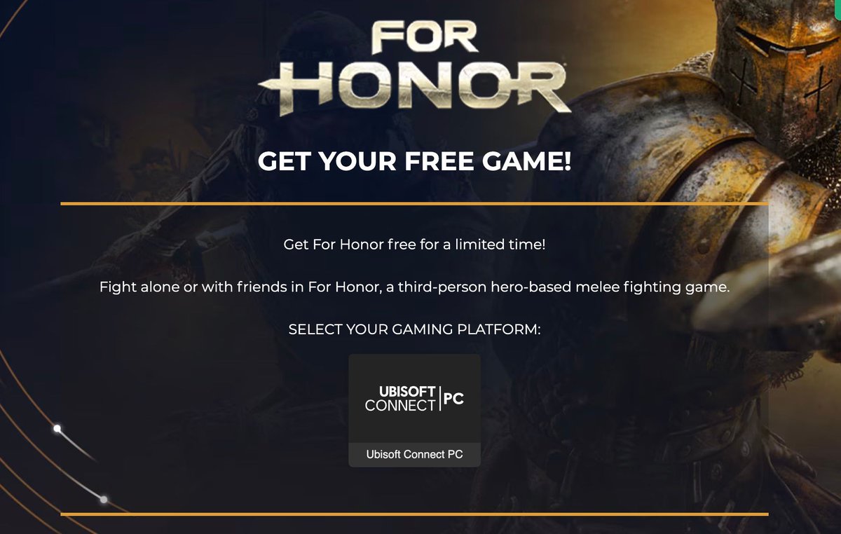 Wario64's tweet photo. For Honor (PC Digital) is free on Ubisoft Connect https://t.co/zv1SUbQarp 

Store link if the first link doesn't work https://t.co/MufhcmZR2C https://t.co/TUSwnTkXFc