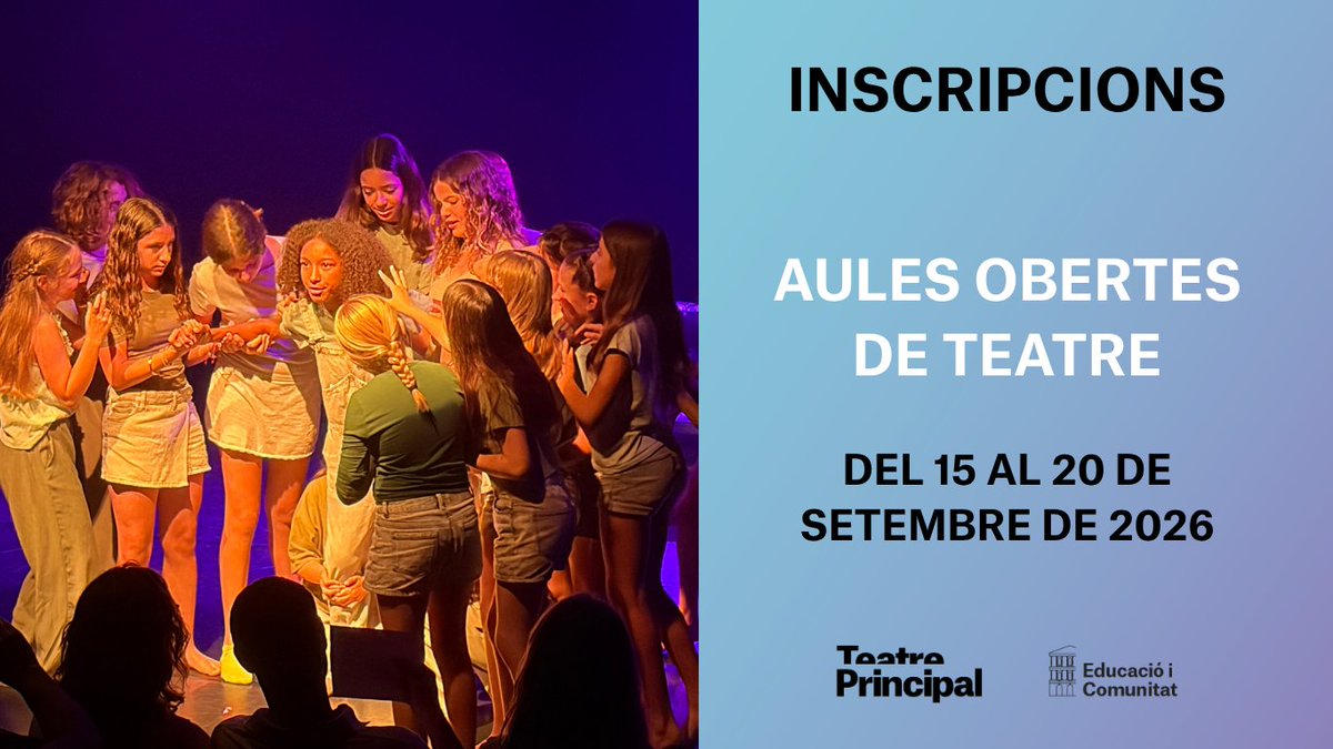teatreprincipal's tweet photo. 🎭 Obrim les #inscripcions per a les nostres Aules Obertes de Teatre, dirigides a nins i joves d'entre 6 i 18 anys.
Les #classes estan dividides en els grups de Petitons, Infantil i Juvenil, i en cada grup hi ha un màxim de 18 alumnes.
➕ Informació ➡️ https://t.co/1dCes9wX6F https://t.co/oRHgdg67MP