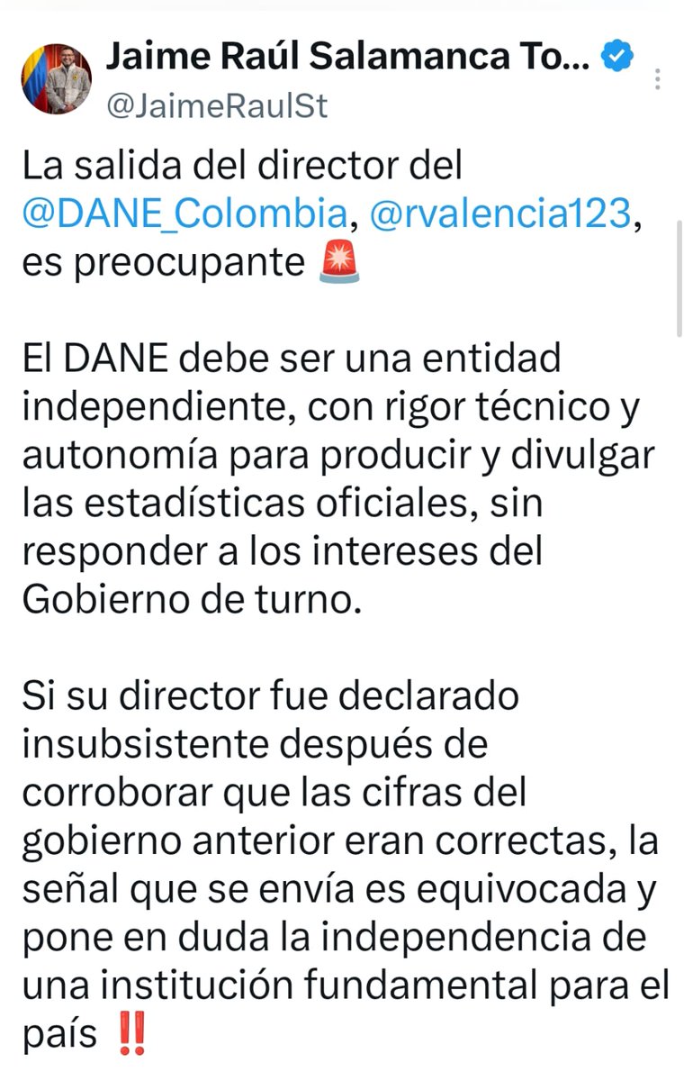 UltimaHoraCR's tweet photo. #POLÍTICA | El representante Jaime Raúl Salamanca (@JaimeRaulSt) calificó como “preocupante” la salida de Ricardo Valencia (@rvalencia123) de la dirección del @DANE_Colombia.
El congresista defendió la independencia, autonomía y rigor técnico de la entidad para producir y divulgar las estadísticas oficiales.

Vía: @jimmyavila 
https://t.co/woHMRjVE2M