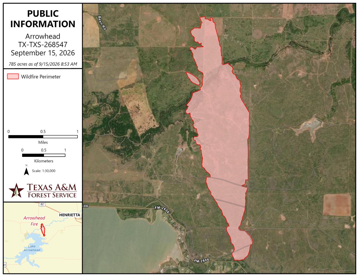 AllHazardsTFS's tweet photo. Information map of the #ArrowheadFire in Clay County showing an estimated 785 acres as of Sept. 15, 2025. #txfire https://t.co/6szmUzoesO