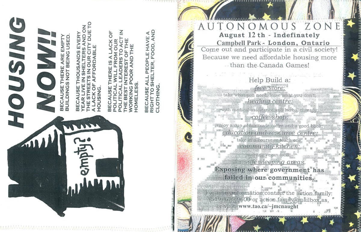UnityProjectLdn's tweet photo. As we celebrate 25 years of Unity Project, we’re looking back at where it all began. 

Years ago, Founding Member Nat Moynaugh created a zine documenting our journey from Tent City to our current home. Here are a couple pages. 25 years later, we’re still here. #UPTURNS25 #LdnOnt https://t.co/16tI30dpTB