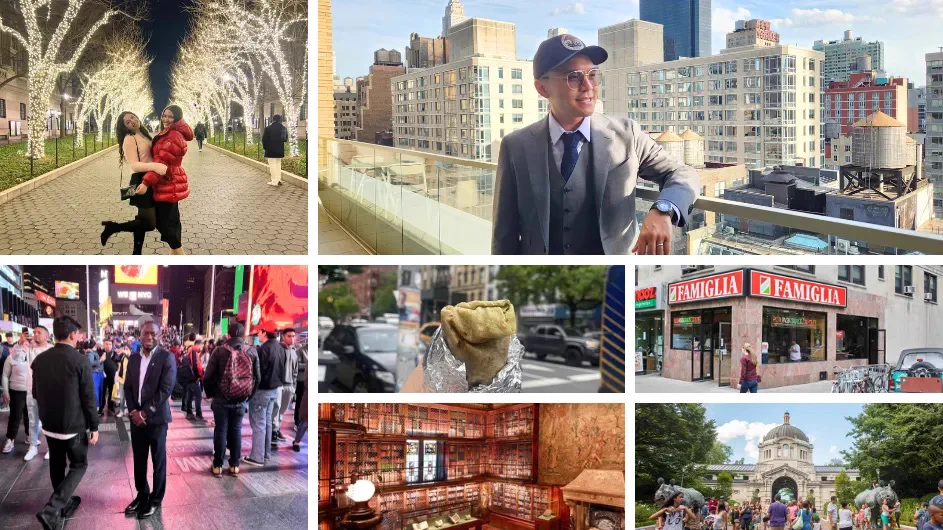 A collage of six images: a person holding another in a park with illuminated trees; a person in a suit and cap on a terrace overlooking a cityscape; two people walking in a brightly lit urban area, possibly Times Square; a hand holding a cannoli outside Famiglia pizzeria; an ornate interior with bookshelves; and a view of the American Museum of Natural History.