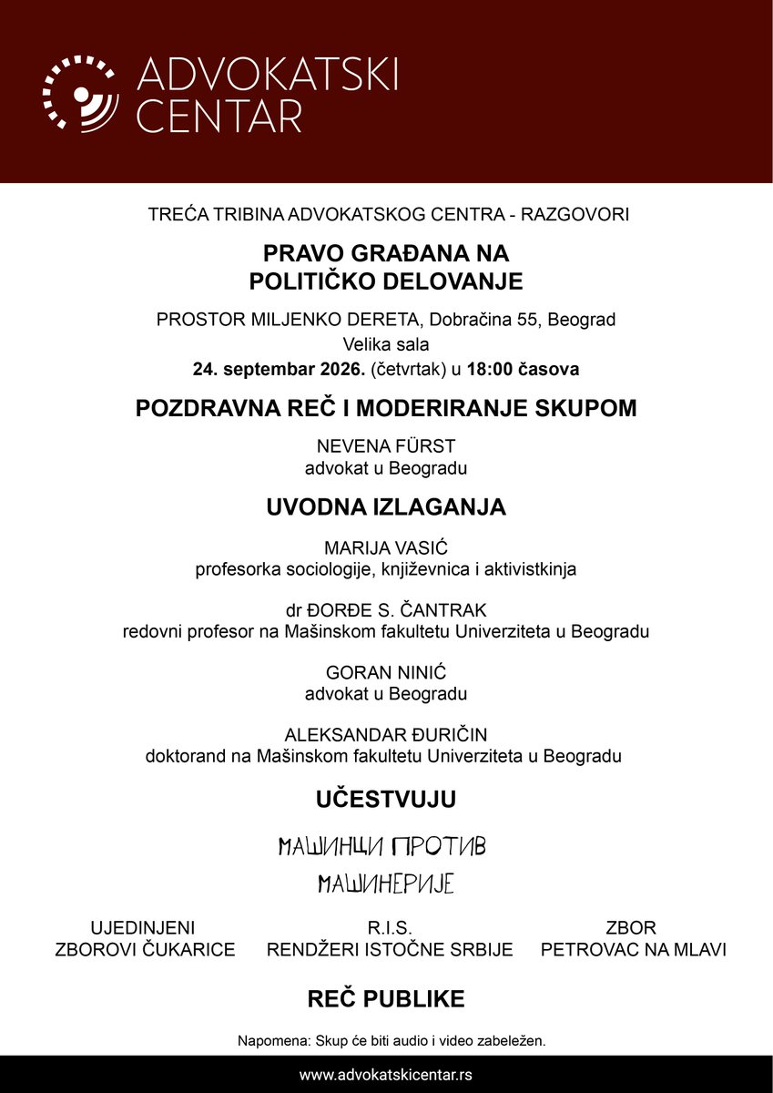 portal_osa's tweet photo. TRIBINA 
Pravo građana na političko delovanje
Tu smo svi, zajedno.
Aktivisti, profesori, advokati, studenti.
24. septembar, Prostor Miljenko Dereta, 18 časova.
Podržite, podelite! 
Dođite! https://t.co/R6nptq1Gfl