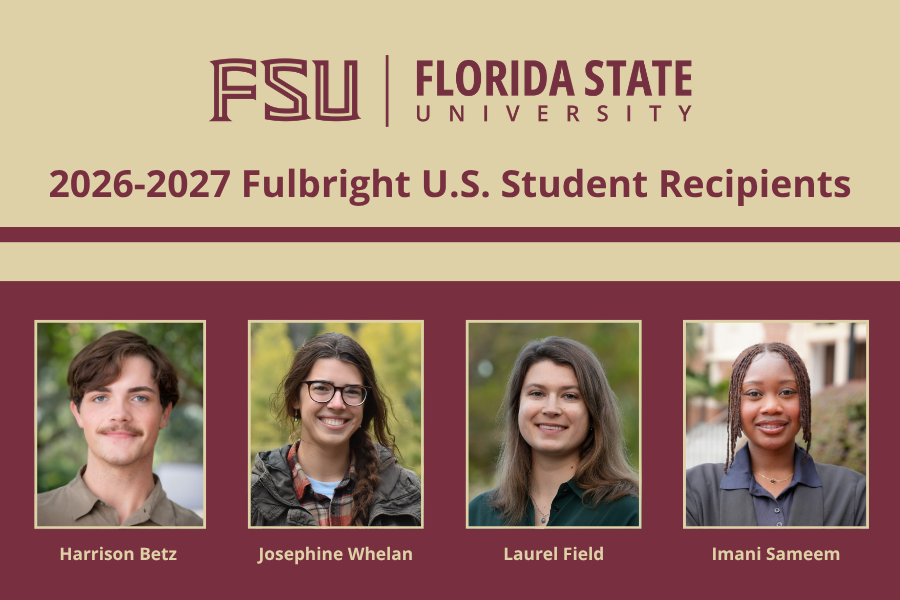 FloridaState's tweet photo. Congratulations to FSU students Harrison Betz, Josephine Whelan, Laurel Field and Imani Sameem on being selected for the 2026-2027 Fulbright U.S. Student Program! 🌟
 
These accomplished students will travel to New Zealand, Spain, Thailand and the United Kingdom to teach, study and engage in cultural exchange as part of the U.S. Department of State’s flagship international educational exchange program. 🌎 #FSUGlobal

Read more at https://t.co/MG5VsKpYpn