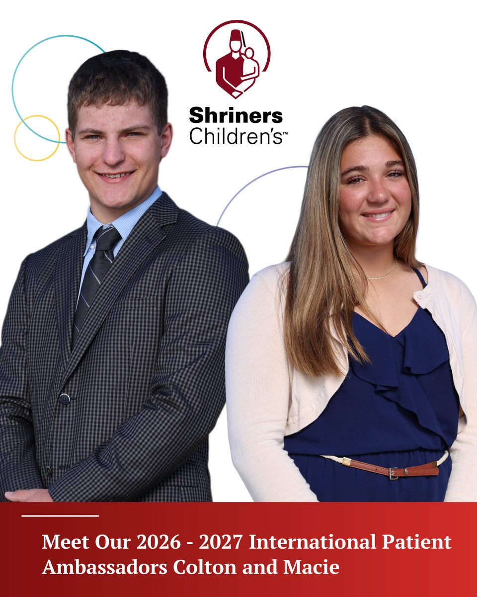 shriners's tweet photo. At Imperial Session, Macie and Colton were introduced as the 2026-2027 International Patient Ambassadors and are already serving as powerful examples of what our fraternity's support of @shrinershosp makes possible. Watch their video stories: https://t.co/Nj37YRejaw https://t.co/h7F4XhkTzR