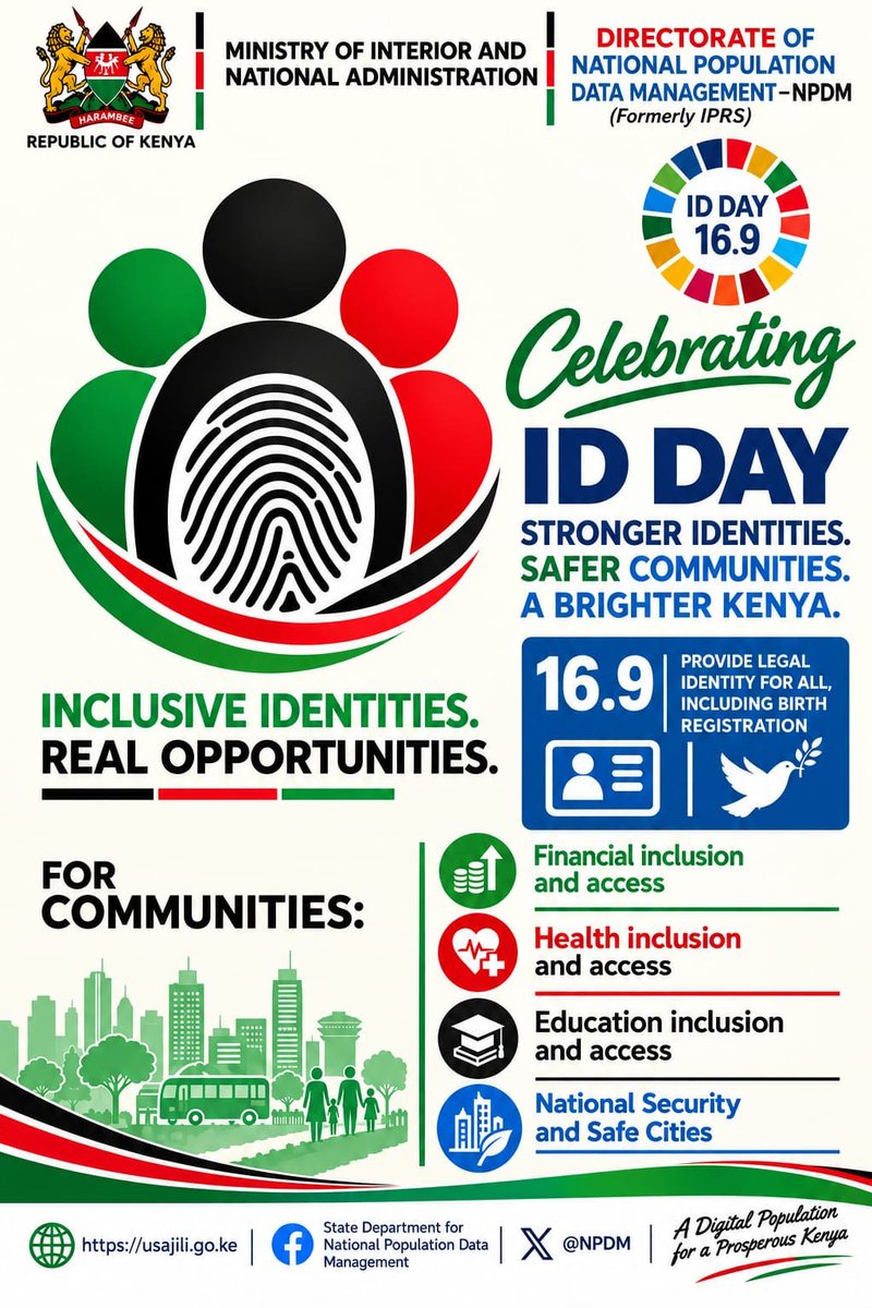NpdmDirectorate's tweet photo. 🇰🇪 NPDM/IPRS celebrates Identity Day 2026!
Every identity matters. Every identity counts.

“My Identity, My Shadow, Never Apart.”

📍 Green Stadium, Bomet County

 16 September 2026
#IdentityDay2026 #IDDay2026 #IPRS#NPDM #MyIdentityMyShadowNeverApart https://t.co/Cdk3lJ9SaB