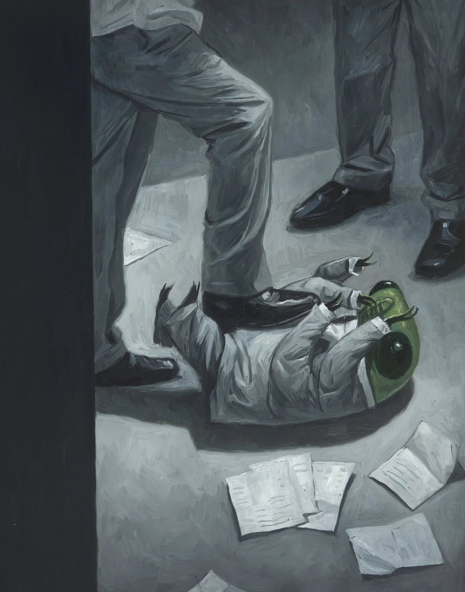 souvlakl's tweet photo. me pone triste los que piensan que la ilustracion infantil es algo de mujeres porque se ve que no conocen al grandisimo Shaun Tan que hizo a esta cigarra oficinista para hablar de explotación laboral https://t.co/lGSSgq6PS0