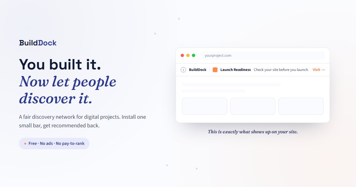 BuildDockNet's tweet photo. @techbyhez Everyone says getting your project noticed is one of the hardest parts.

Few actually build solutions for it.

That’s why I built BuildDock — a network where projects help each other get discovered.

Want to add your project? 🚢
https://t.co/JMNk98pvkL https://t.co/BNsWs0put3