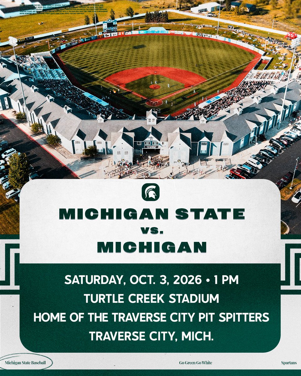 MSUBaseball's tweet photo. Hey Spartan fans in Northern Michigan: We're headed your way!!

On Saturday, Oct. 3, we're playing Michigan in a fall exhibition in Traverse City at Turtle Creek Stadium, home of the @TCPitSpitters!!

📰: https://t.co/TcNQ1tzH4s https://t.co/J9RKtcSKAU