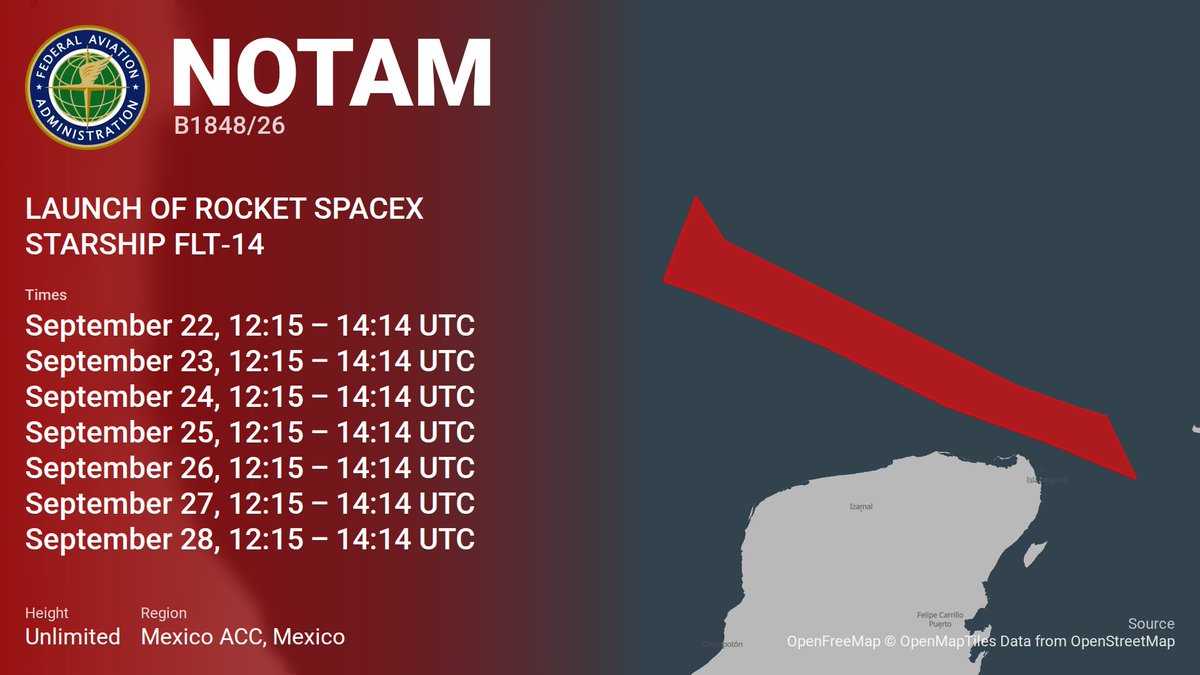 SpaceNotices's tweet photo. The first Starship Flight 14 NOTAMs have been posted for the Mexican airspace

https://t.co/ihYObHk9PS
https://t.co/huTUDb7MHf https://t.co/KWeonkxfJB