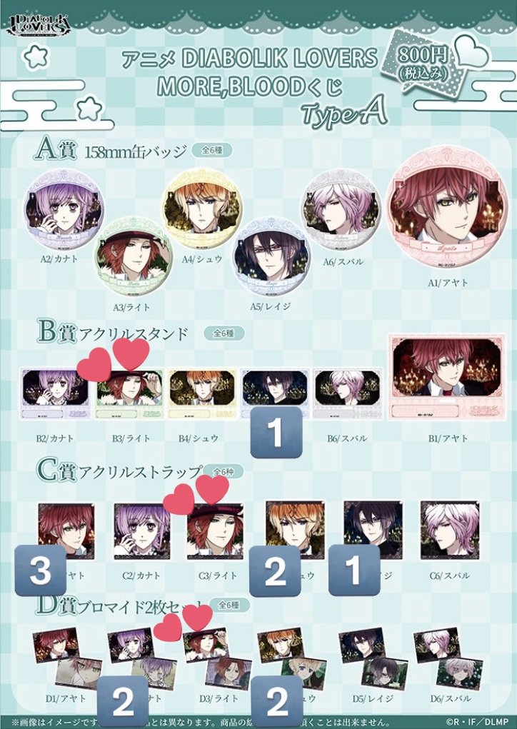 mohe_mohe_l's tweet photo. 【交換/譲渡】ディアラバ DIABOLIK LOVERS アニメ MORE,BLOOD くじ

 ☾譲☽ 
B レイジ
C *アヤト3 *シュウ2 レイジ
D カナト2 *シュウ2

 ☾求☽ 
同種Bライト or 定価(+送料)

CDのみ譲渡可能
*の譲渡は無印または異種から同数
都内お手渡し、郵送(2点~)
お気軽にお声掛けください✧︎ https://t.co/bFo09X0yZc