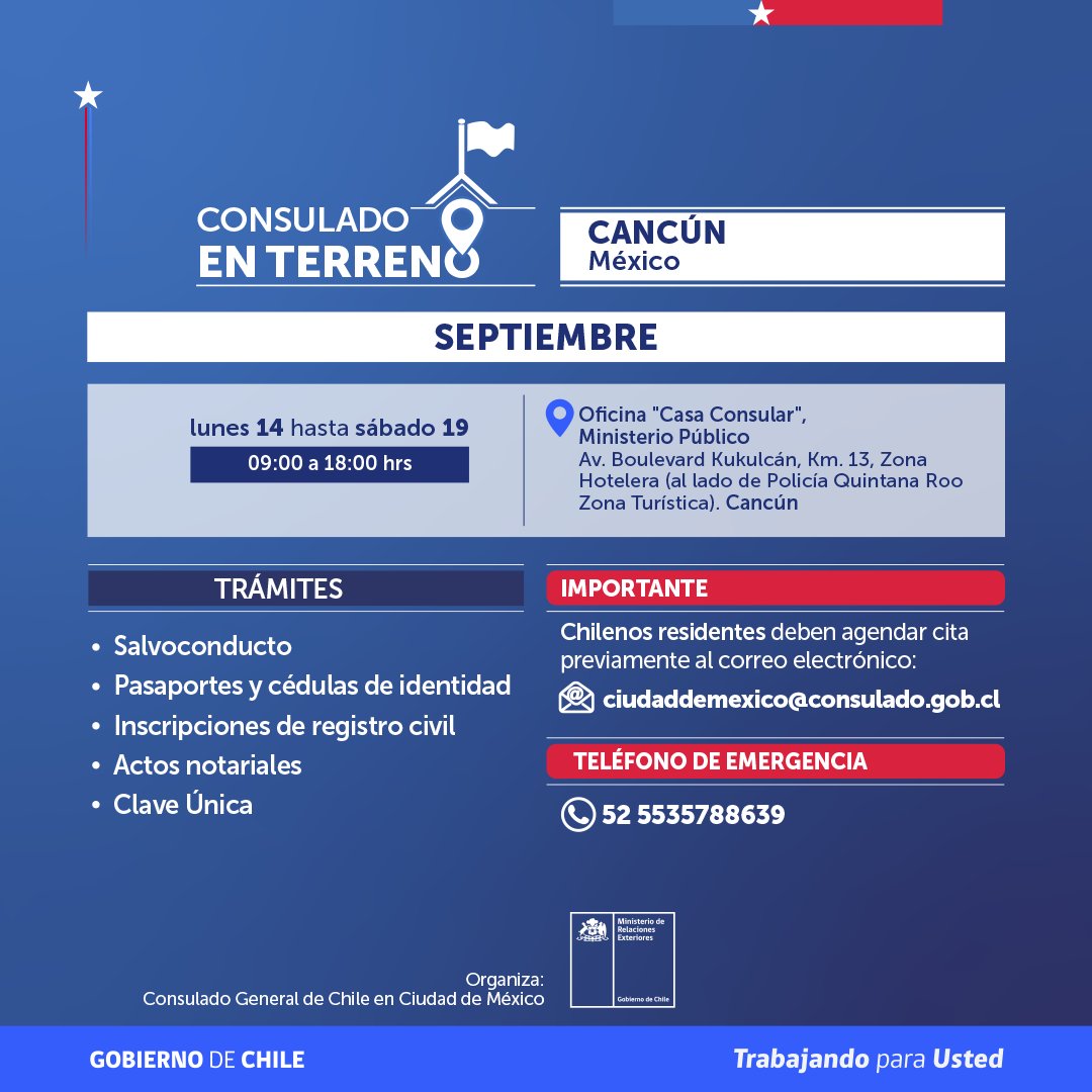 dicoex's tweet photo. 🇨🇱 ¡Acercamos Chile a nuestros compatriotas en el exterior!

Para que nuestra comunidad en el extranjero celebre con tranquilidad, desplegamos operativos de Consulado en Terreno en Cancún🇲🇽, Orlando 🇺🇸, Punta Cana 🇩🇴 y Florianópolis🇧🇷.

👉Más información https://t.co/kTK8JZ5pbC https://t.co/cjyn6EMnIP