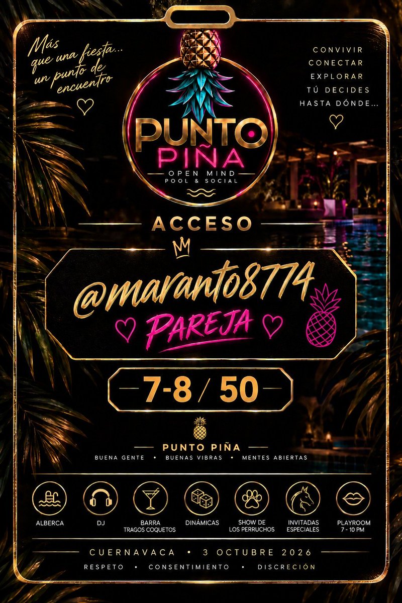 puntopina's tweet photo. BIENVENIDOS  @maranto8774 No esperes a que te cuenten cómo estuvo. Aparta tu lugar antes de que veas el AGOTADO. #PuntoPiña #SwingersMéxicoCDMX #SwingersMexico #OpenMind #Cuernavaca #PoolParty #Lifestyle #CupoLimitado🍍📷 https://t.co/xEpNpiCDKU