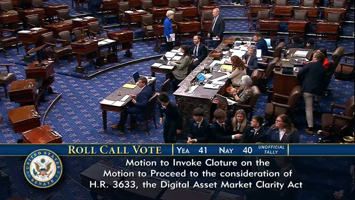 BitcoinArchive's tweet photo. UPDATE: Clarity Act cloture vote presently at 41 YES vs. 40 NO. https://t.co/D6qedprskD