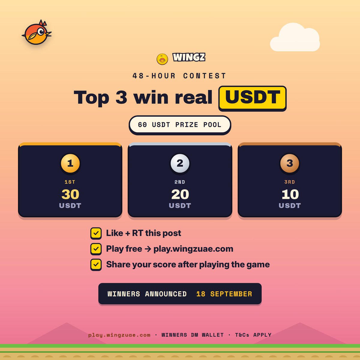 wingzuae's tweet photo. 🦅 WINGZ 48-HOUR CONTEST 🦅

Top 3 scores win real USDT:
🥇 1st — 30 USDT
🥈 2nd — 20 USDT
🥉 3rd — 10 USDT

To qualify:
✅ Like + RT this post
✅ Play free → https://t.co/EjhPFkOqDs
✅ Post your score on X with #WINGZ

⏰ Winners announced 18th September
Winners DM your wallet to get paid 🚀

T&Cs apply.